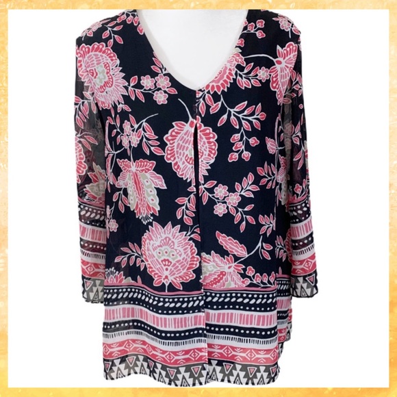 JM Collection Tops - 🎀JM Collection Black Red Tunic w/ Sheer Overlay L